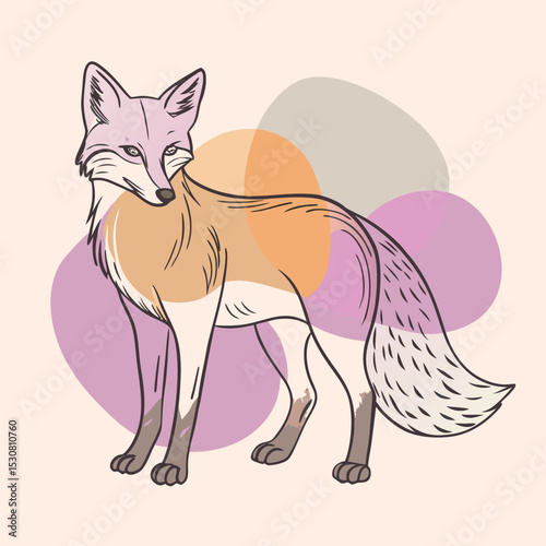 A cute stylized fox stands gracefully amidst abstract shapes; its pastel tones create a warm feel