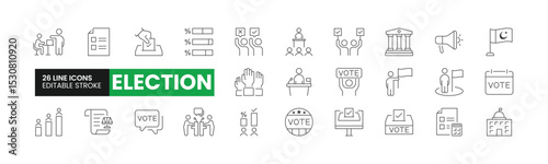 Set of 26 Elections line icons set. Elections outline icons with editable stroke collection. Includes Voting, Protests, Debate, Congress, Public Address, and More.