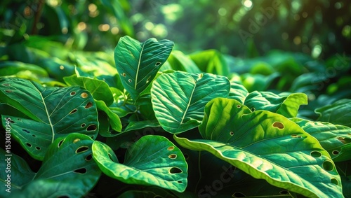 A wild spinach plant develops in the backyard with its leaves partially consumed by caterpillars.