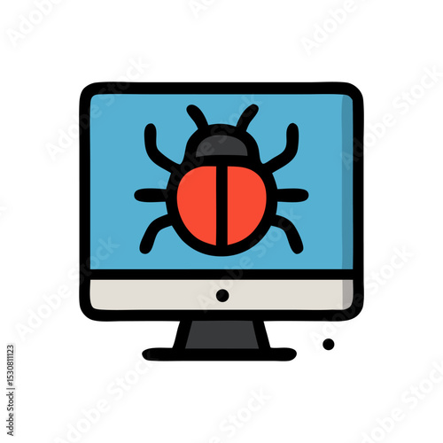 Computer System Error: A graphic illustration displays a ladybug styled bug on a computer screen, symbolizing a system error or software malfunction. 