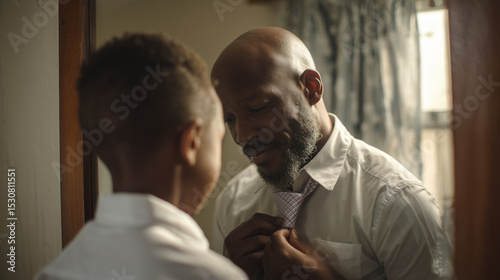  A father helps his son get ready by tying his tie, showing care and pride.
