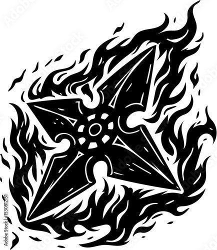 Vector illustration of a silhouette of a shuriken with fire aura, Isolated on white