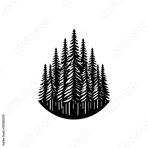 Lush and dense forest of towering pine trees vector logo, rendered as a striking black silhouette, conveying a sense of wilderness and natural beauty. Nature concept