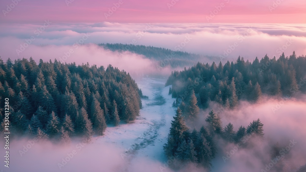 Fototapeta premium Aerial perspective of a frosty forest rising above the clouds.