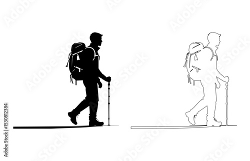 Backpacker with Trekking Poles Silhouette Design

