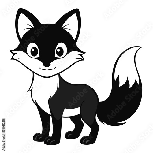 Cheerful black and white cartoon fox gazes forward, standing comfortably on a plain backdrop