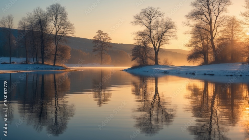 Fototapeta premium A stunning reflection of the setting sun in lake Thingvallavatn, situated within Thingvellir national park in Iceland's golden circle. During a snowy winter day, the sun remains consistently low.