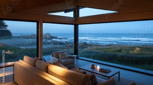 Coastal living room at twilight