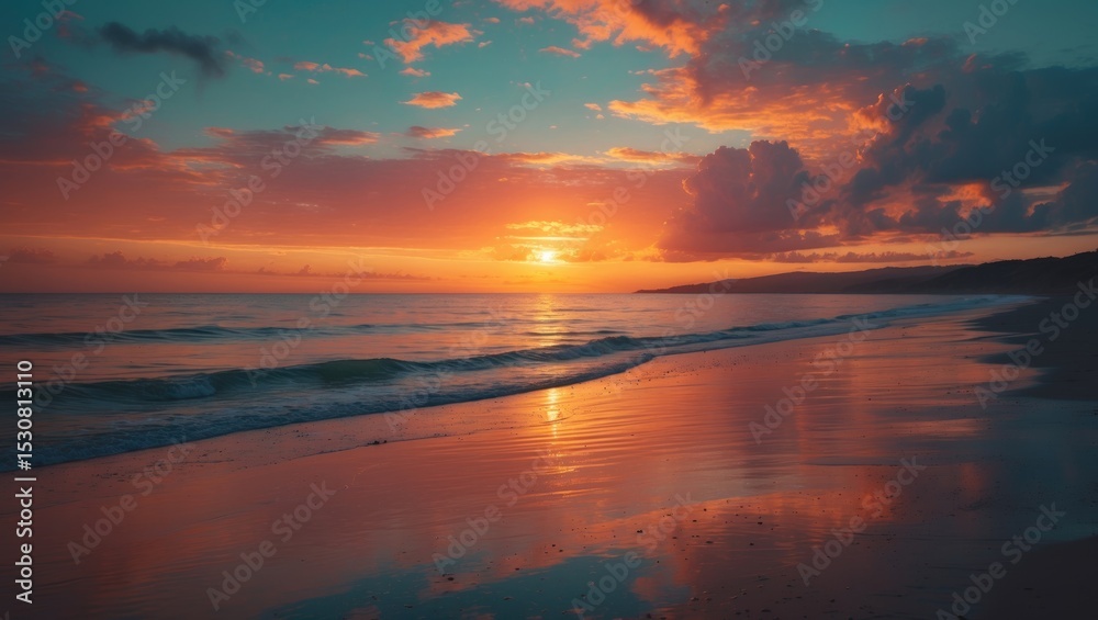 Fototapeta premium A limitless sky illuminated as the sun softly dips below the horizon, coloring the world with shades of gold and crimson.