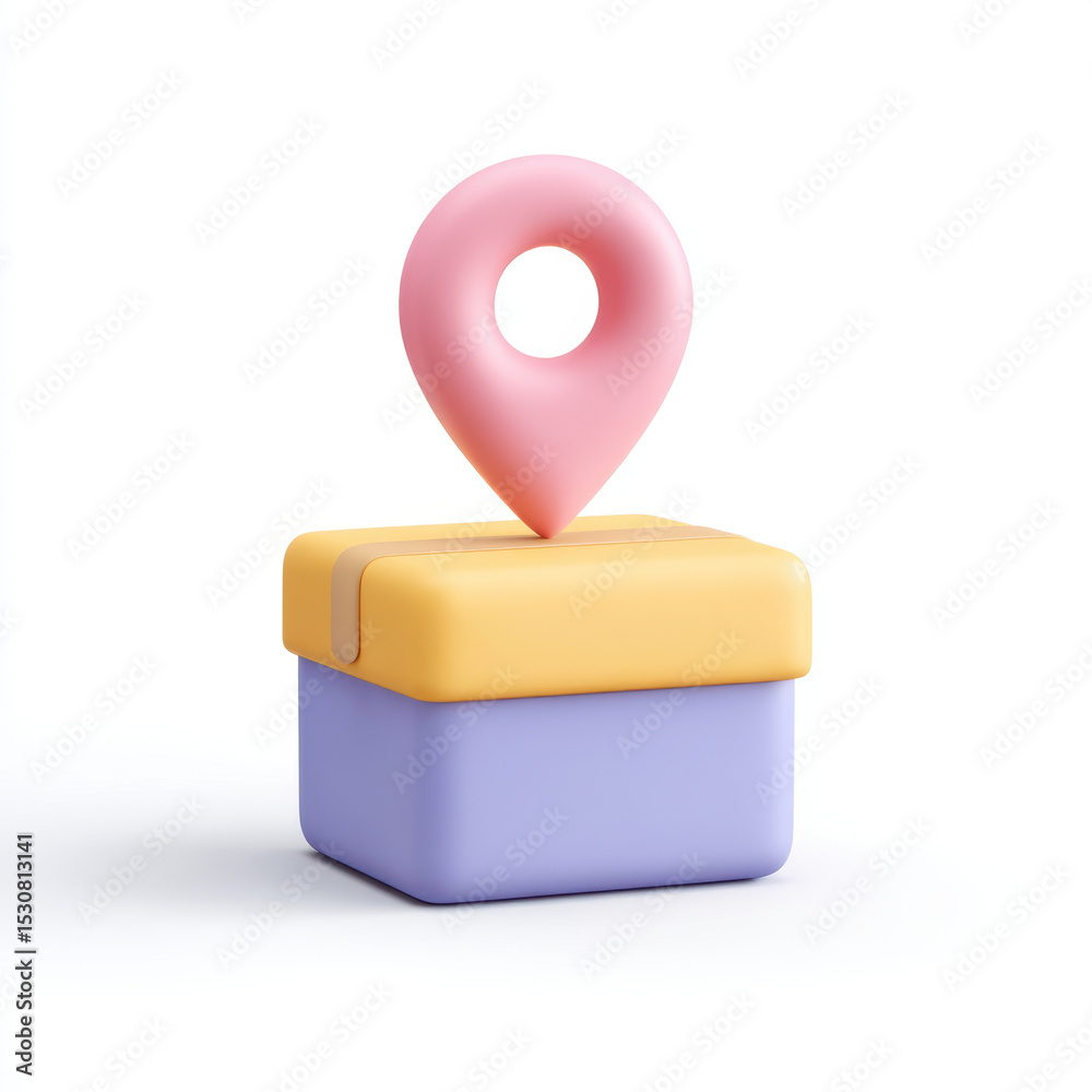 Colorful illustration of location pin on box, representing delivery or navigation concept, with playful and modern design Colorful illustration of location pin on box, representing delivery or navigation concept, with playful and modern design