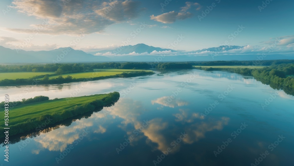 Fototapeta premium Aerial perspective of the lake and mountain during morning at Gorontalo, Indonesia