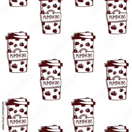 Seamless vector pattern featuring pumpkin-themed beverage cups for autumn celebrations and seasonal events