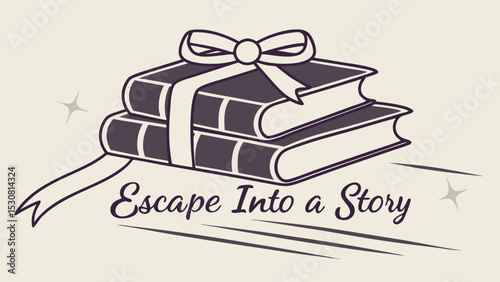 Illustration of two books stacked with a ribbon and bow on a cream background with stars and text art