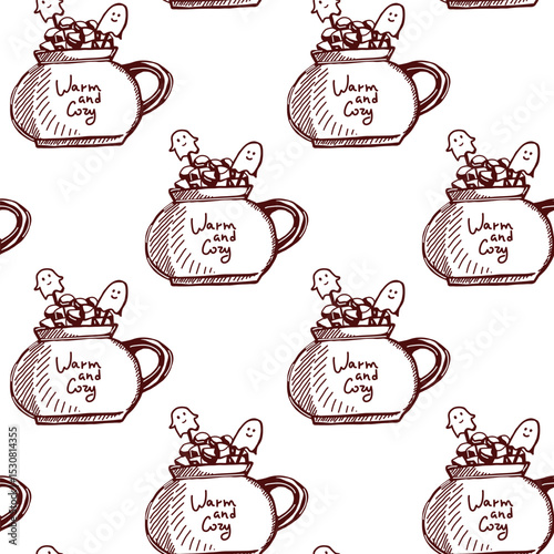 Cozy and warm seamless pattern featuring playful ghost and cookie illustrations on a mug design