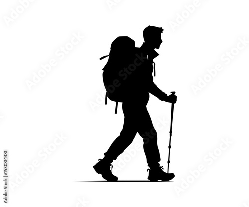 Hiker Silhouette with Backpack and Walking Stick Vector

