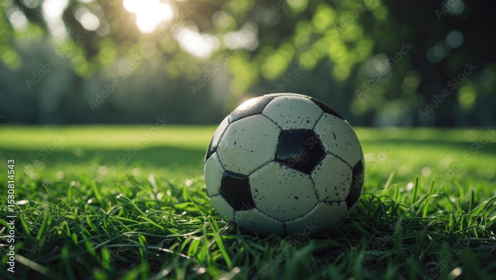Fototapeta premium A soccer ball rests on lush green grass, with trees surrounding it beneath a bright blue sky. It waits for enthusiastic players prepared to kick and score in an enjoyable game.