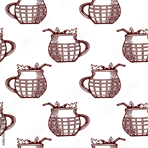 Decorative vector seamless pattern featuring playful beverage containers with straws and leaves for creative design projects