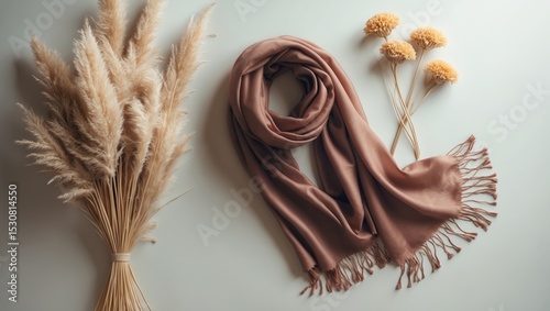 Autumn cozy composition featuring a beautiful scarf or shawl and dried plant flowers in the background. Relaxation concept. Flat lay, top view, copy space.