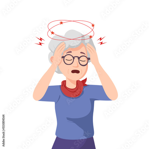 Upset grey haired grandma suffering from vertigo. Elderly woman standing and holding his head cartoon animated personage. Granny feeling dizzy vector illustration