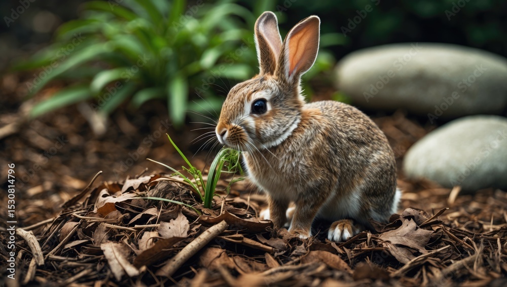 Fototapeta premium A tiny rabbit resting on a pile of leaves and mulch