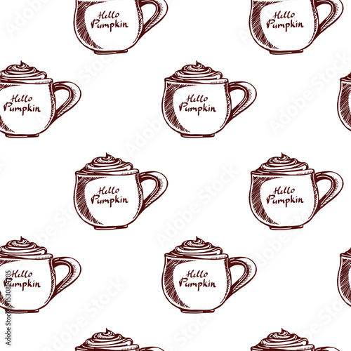 Cozy fall inspired vector seamless pattern featuring whimsical coffee mugs with the phrase hello pumpkin