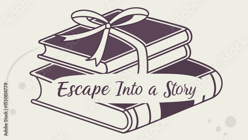 Illustration of stacked books with a ribbon and the text escape into a story on a light background color