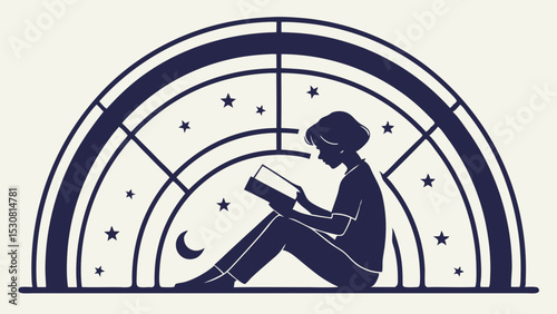 Silhouette of a woman reading a book by a window with stars and moon creating a peaceful atmosphere