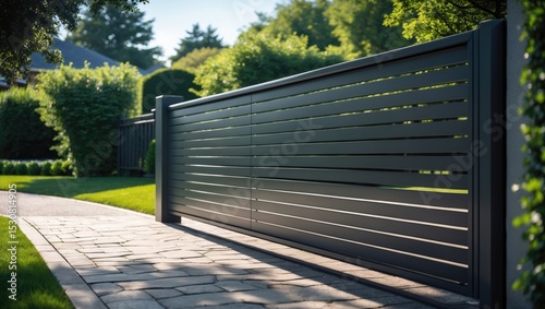 Modern suburb house with aluminum design grey metal gate, featuring steel engine doors fitting and remote control portal for electrical automatic door entrance.