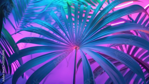 Abstract soft focus pattern of tropical palm leaves background illuminated by glowing neon fluorescent light.