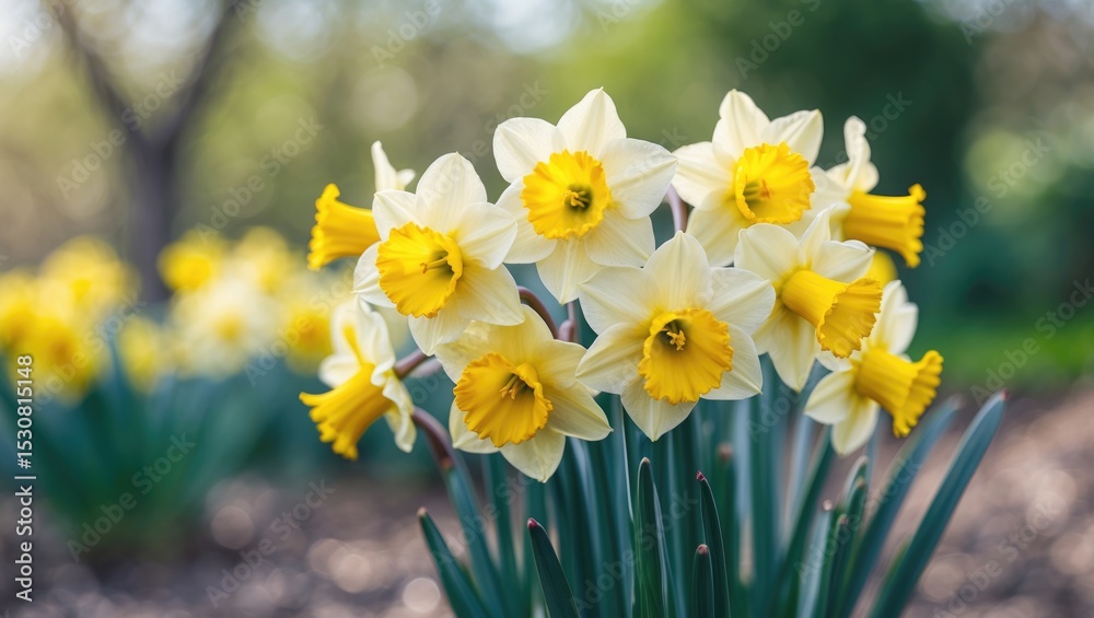 Beautiful bright yellow daffodil flowers blooming in a garden on a sunny day. Beautiful bright yellow daffodil flowers blooming in a garden on a sunny day.