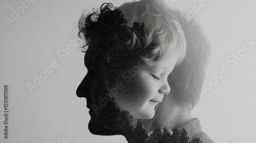 Double exposure of a father’s face and a child’s smile inside his silhouette, grayscale photography with subtle warm tone
