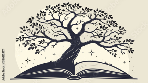 Illustration of a tree with leaves growing out of an open book with stars in the background scene