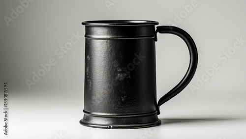 An antique pewter drinks tankard set against a white background.
