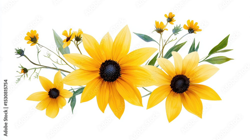 Naklejka premium Bright and vibrant watercolor botanical illustration featuring yellow flowers with dark centers, showcasing nature beauty