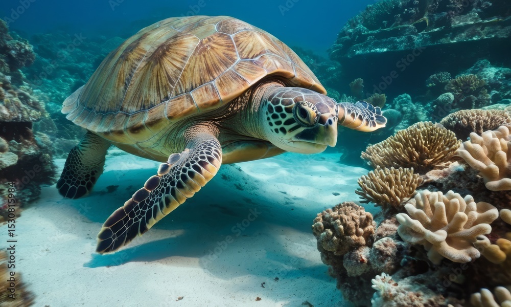 Fototapeta premium Graceful sea turtle swimming through crystal-clear tropical waters