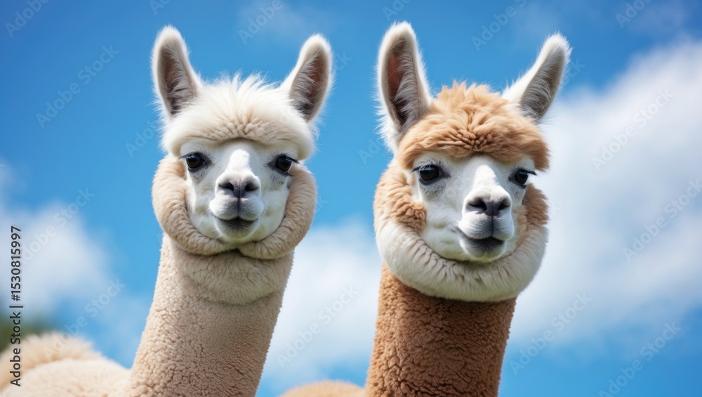 Obraz premium A photo of two alpacas against a sky blue background.