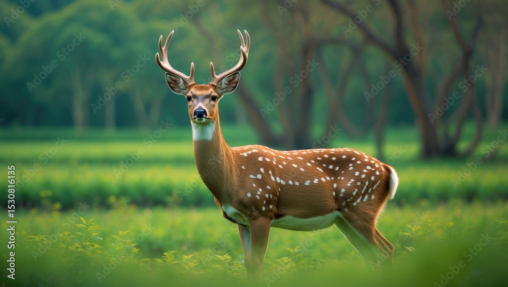 Fototapeta premium Stunning male Spotted Deer in its natural environment