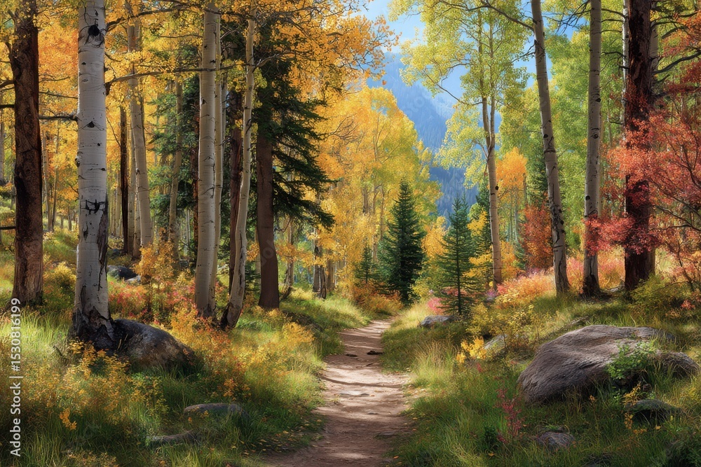 Fototapeta premium Autumn forest path scenic view on white background