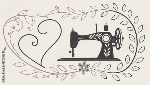 Vintage sewing machine with floral decorations and heart shaped vine on a cream colored background design