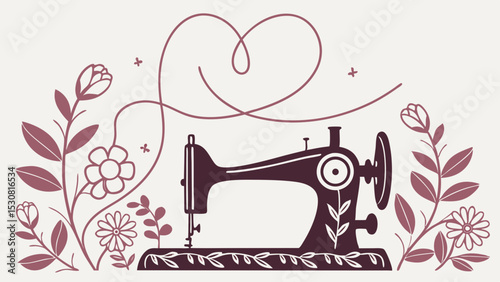 Illustration of a vintage sewing machine surrounded by floral elements and a heart shaped thread design