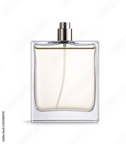 Transparent perfume bottle with vaporizer containing light yellow liquid on white background