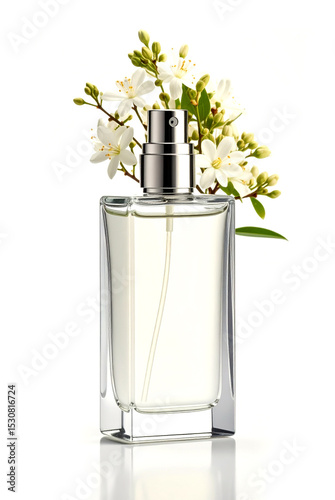 Elegant perfume bottle with delicate white flowers evoking natural fragrance