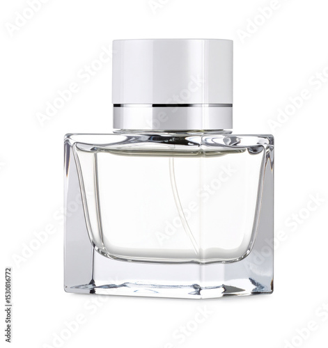 Transparent glass perfume bottle with white cap on transparent background