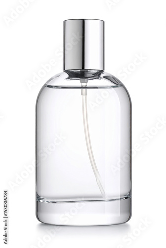 Transparent perfume bottle with silver cap on white background