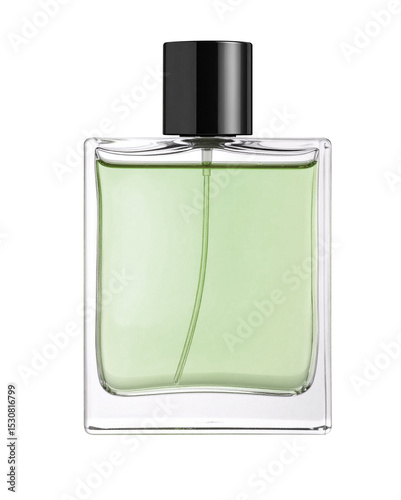 Transparent perfume bottle with black cap containing green liquid