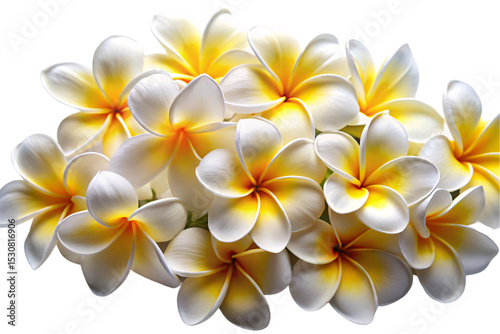 Arrangement of tropical frangipani blooms featuring white petals with warm yellow centers in natural cluster, isolated on a transparent background