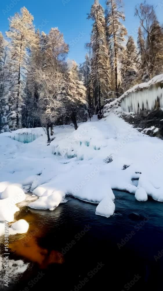 Icy Waterfall Flows into River During Winter with Snow Covered Rocks and Forest Scenery in Background on a Bright Sunny Day Icy Waterfall Flows into River During Winter with Snow Covered Rocks and Forest Scenery in Background on a Bright Sunny Day
