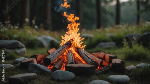 A warm campfire crackling in a rustic fire pit encircled by greenery, highlighting the spirit of outdoor gatherings and the simplicity of nature.