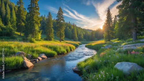 A peaceful creek flowing through a dense spruce forest and a lush alpine meadow.