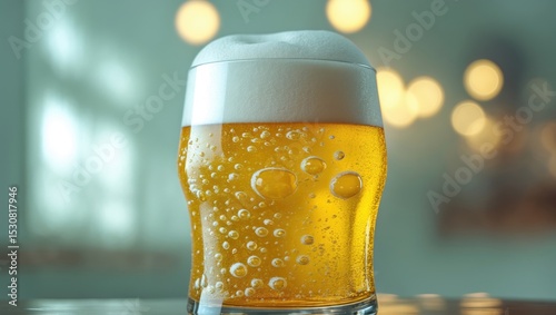 Background texture of a beer drink with white bubbles, highlighting the frothy surface.